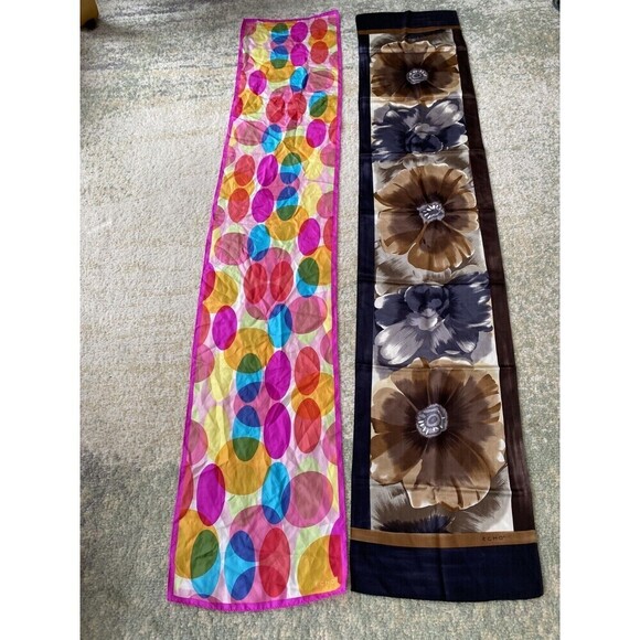 Set (2) ECHO Silk Scarves Polka Dot Floral Flower Brown Pink Yellow Rectangular - Picture 1 of 10
